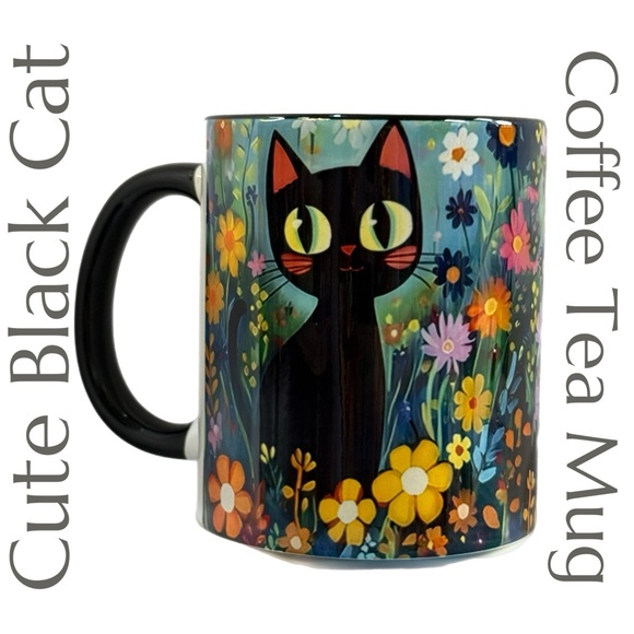Diy Tree Other - Cute Black Cat Floral Mug - Whimsical Garden Ceramic Cup - DiyTree - Fantasy Art